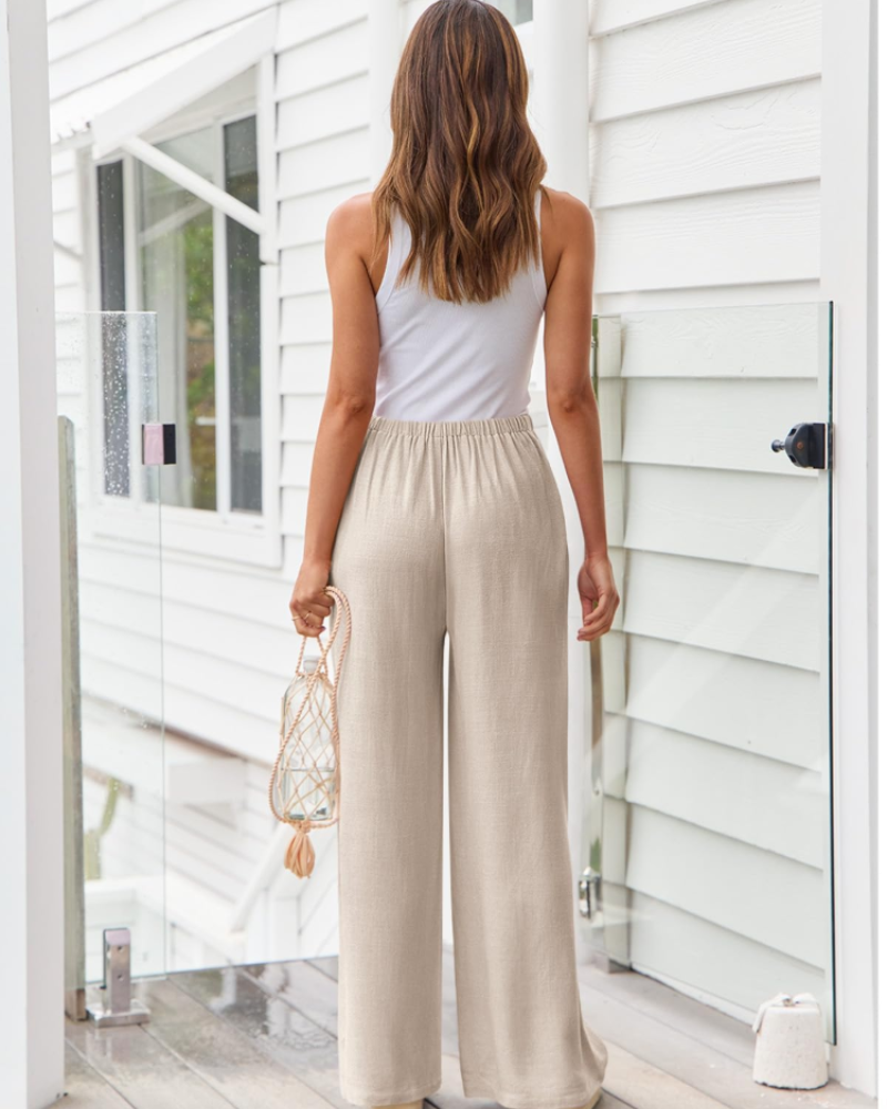 Elena Pantalón Mujer – Lino, Pierna Ancha, Cintura Ajustable y Corte Fluido