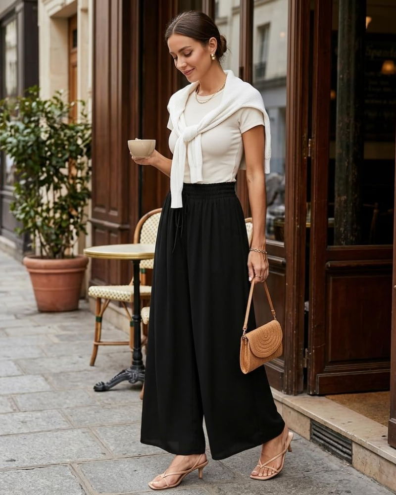 Cora Pantalón Palazzo Mujer – Pierna Ancha con Cordón y Bolsillos