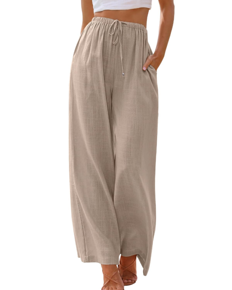 Elena Pantalón Mujer – Lino, Pierna Ancha, Cintura Ajustable y Corte Fluido