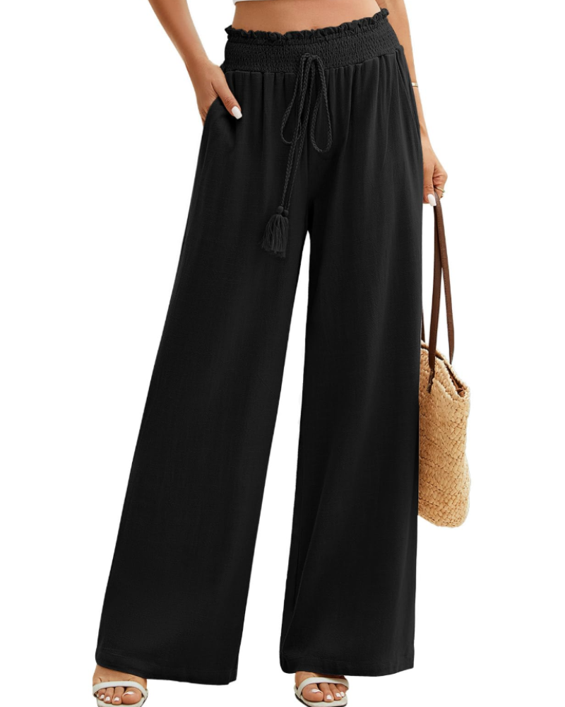 Rachel Pantalón Mujer – Lino y Algodón, Pierna Ancha, Cintura Elástica y Bolsillos