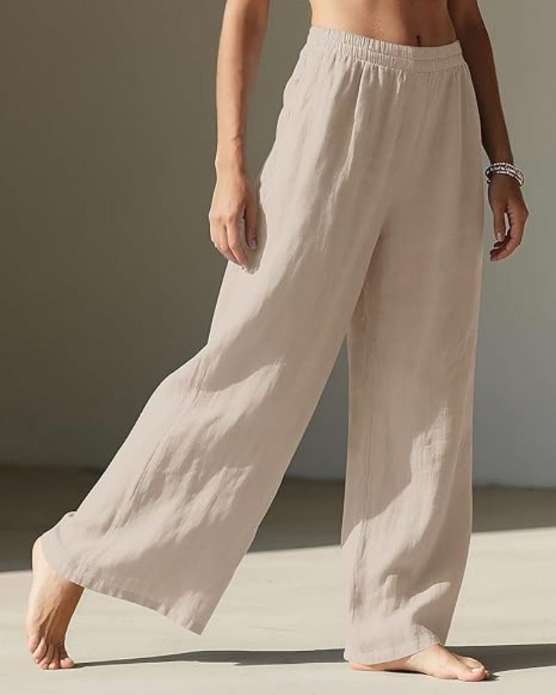 Jasmine Pantalón Palazzo Mujer – Lino Algodón con Cintura Elástica y Bolsillos