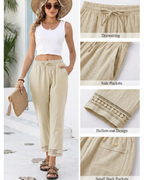 Hazel Pantalón Mujer – Lino, Pierna Ancha, Cintura Ajustable y Encaje