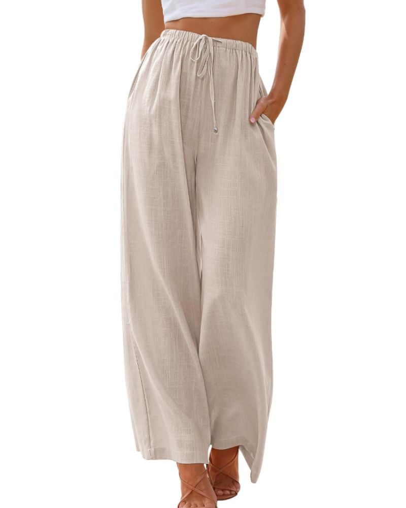 Elena Pantalón Mujer – Lino, Pierna Ancha, Cintura Ajustable y Corte Fluido