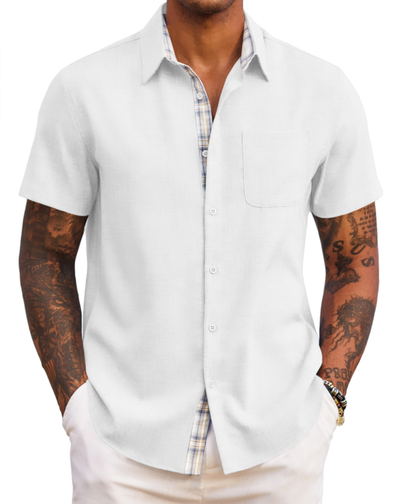 Caleb Camisa Hombre – Manga Corta, Bolsillo, Detalles Cuadros y Corte Regular