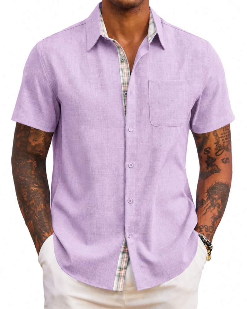 Caleb Camisa Hombre – Manga Corta, Bolsillo, Detalles Cuadros y Corte Regular