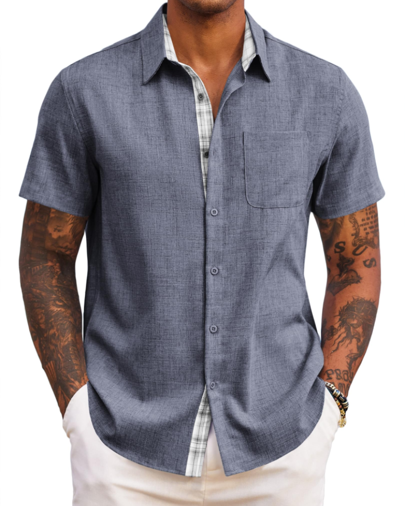 Caleb Camisa Hombre – Manga Corta, Bolsillo, Detalles Cuadros y Corte Regular