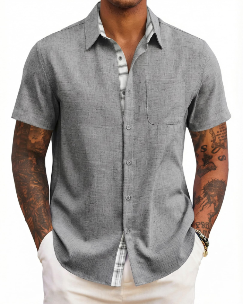 Caleb Camisa Hombre – Manga Corta, Bolsillo, Detalles Cuadros y Corte Regular