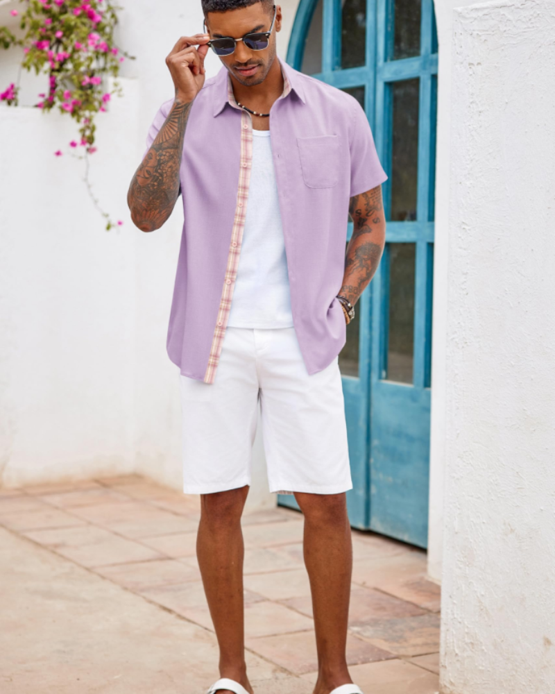 Caleb Camisa Hombre – Manga Corta, Bolsillo, Detalles Cuadros y Corte Regular
