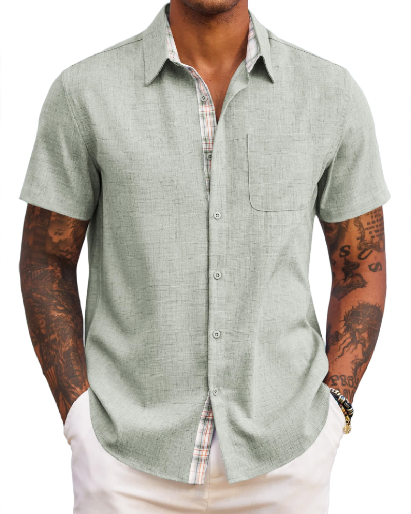Caleb Camisa Hombre – Manga Corta, Bolsillo, Detalles Cuadros y Corte Regular