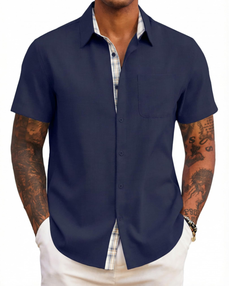 Caleb Camisa Hombre – Manga Corta, Bolsillo, Detalles Cuadros y Corte Regular