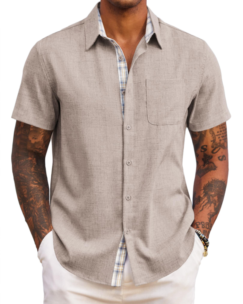Caleb Camisa Hombre – Manga Corta, Bolsillo, Detalles Cuadros y Corte Regular