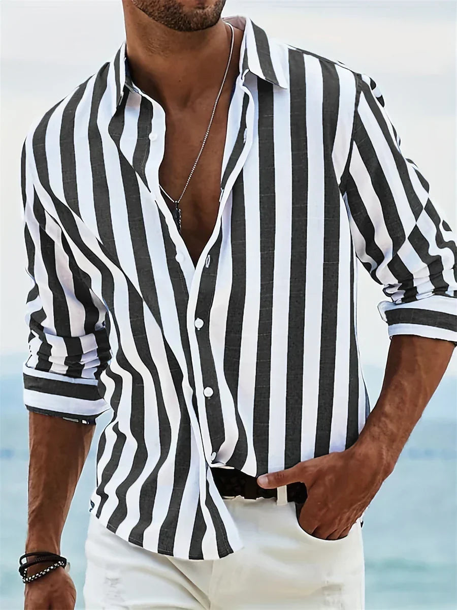 Camisa de Rayas en Lino y Algodón para Hombre