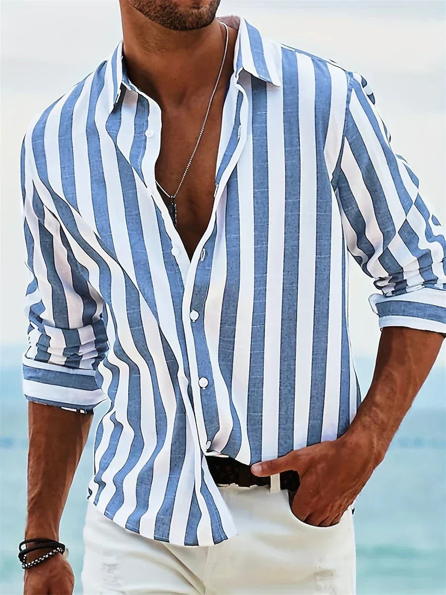 Camisa de Rayas en Lino y Algodón para Hombre