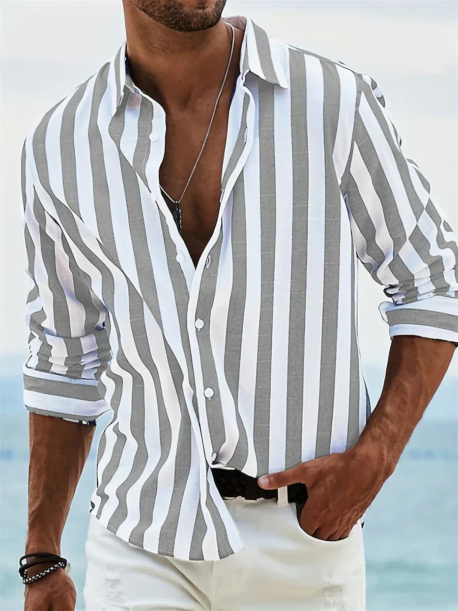Camisa de Rayas en Lino y Algodón para Hombre