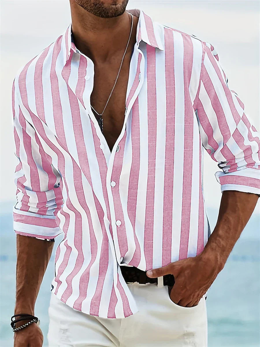 Camisa de Rayas en Lino y Algodón para Hombre