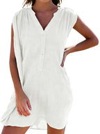 Freya Vestito Camicia da Spiaggia Donna – Senza Maniche, Collo a V, Bottoni e Tessuto di Lino