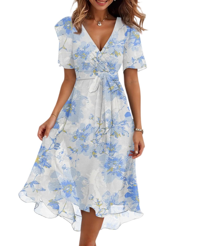 Robe Midi Florale Florence pour Femme – Col Croisé, Ceinture et Manches Bouffantes