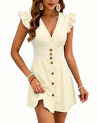 Harriet Vestido Skater Mujer – Rayas, Cuello V Profundo, Volantes y Botones