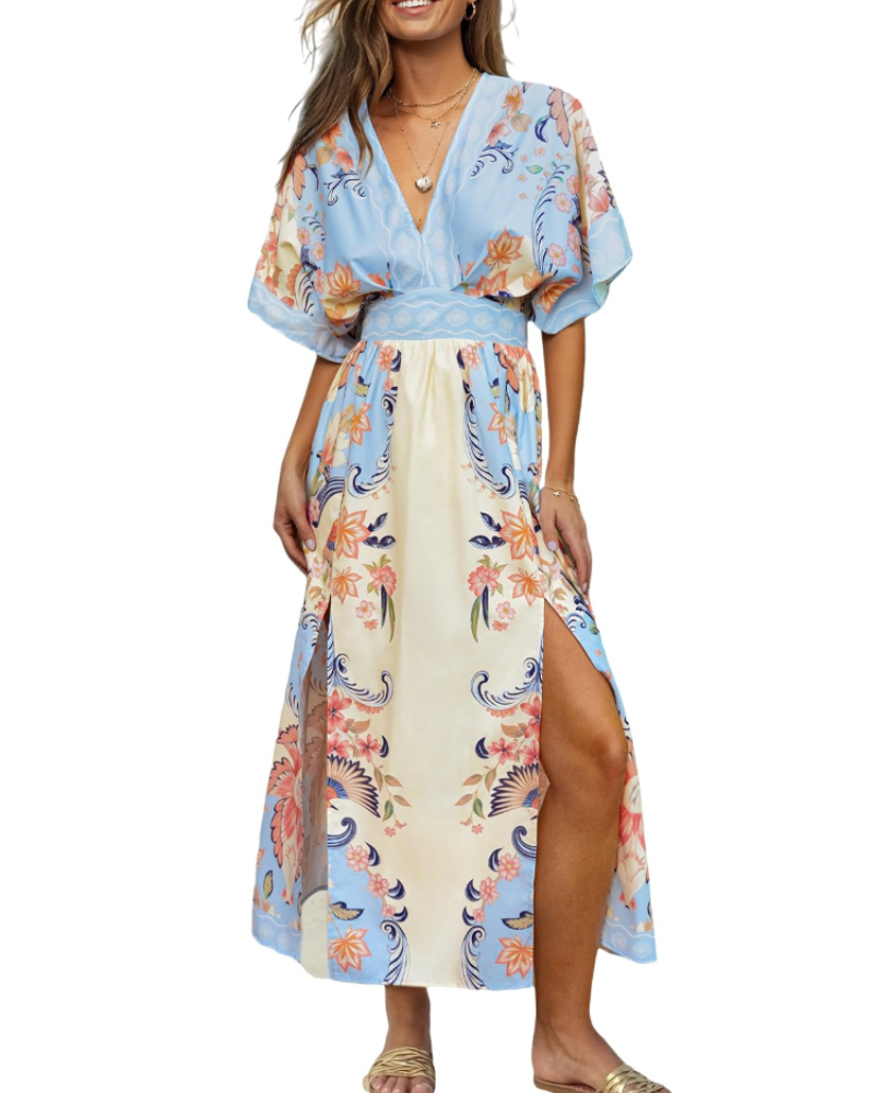 Vestito Maxi Boho Juliet da Donna – Manica Kimono, Scollo a V, Vita Alta e Spacco