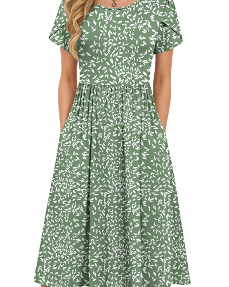 Robe Midi d'Été pour Femme Isabelle – Taille Élastique, Manches Pétales et Poches