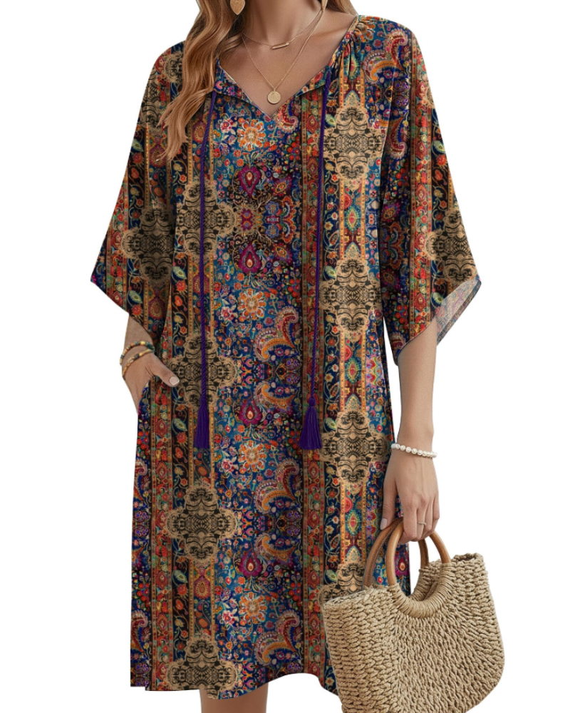 Robe Tunique Bohème Cecilia Femme – Col en V, Pompons, Poches et Manches Mi-longues