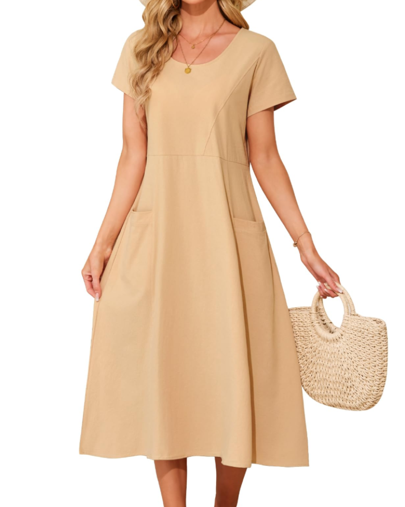 Nora Robe Midi Coton Femme – 100% Coton, Poches et Coupe Ample