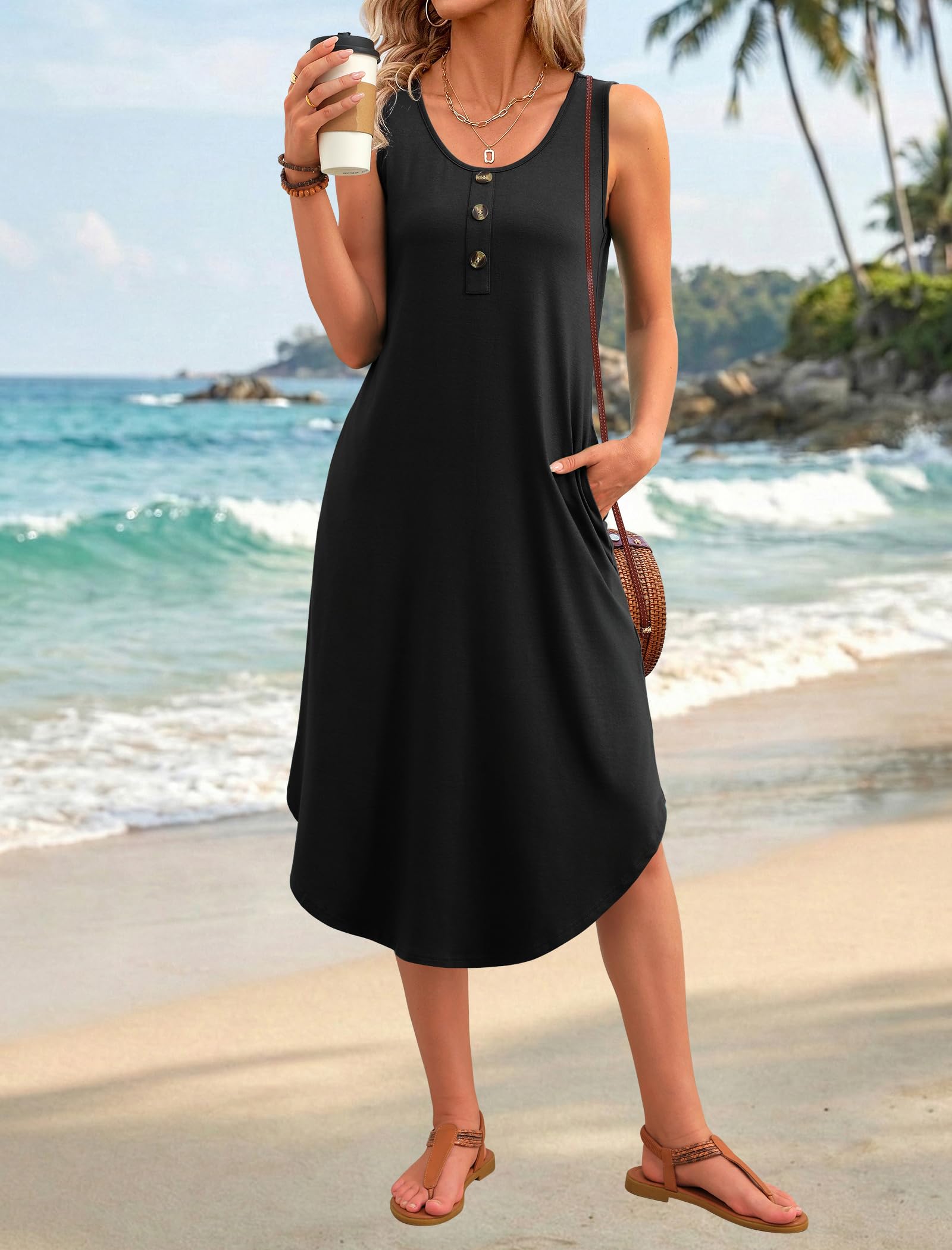 Daphne Vestido Midi Mujer – Sin Mangas, Botones Frontales, Bolsillos y Tejido Elástico