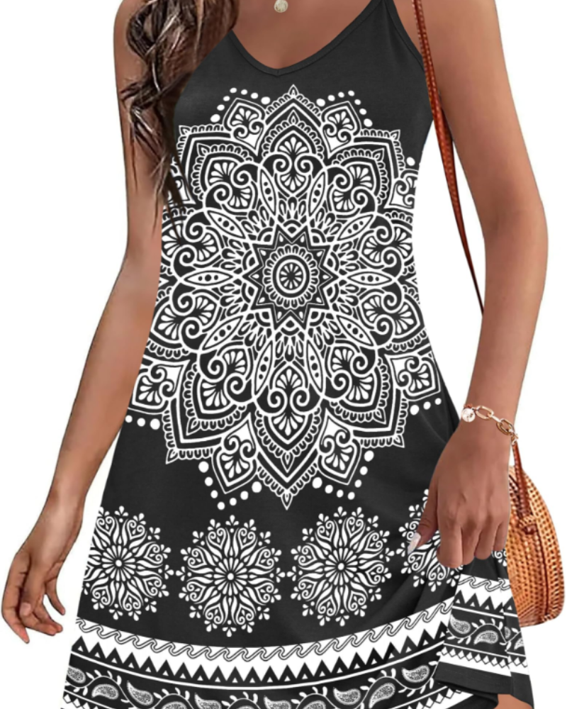 Megan Vestido Mini Boho Mujer – Tirantes Ajustables, Cuello en V y Bolsillos