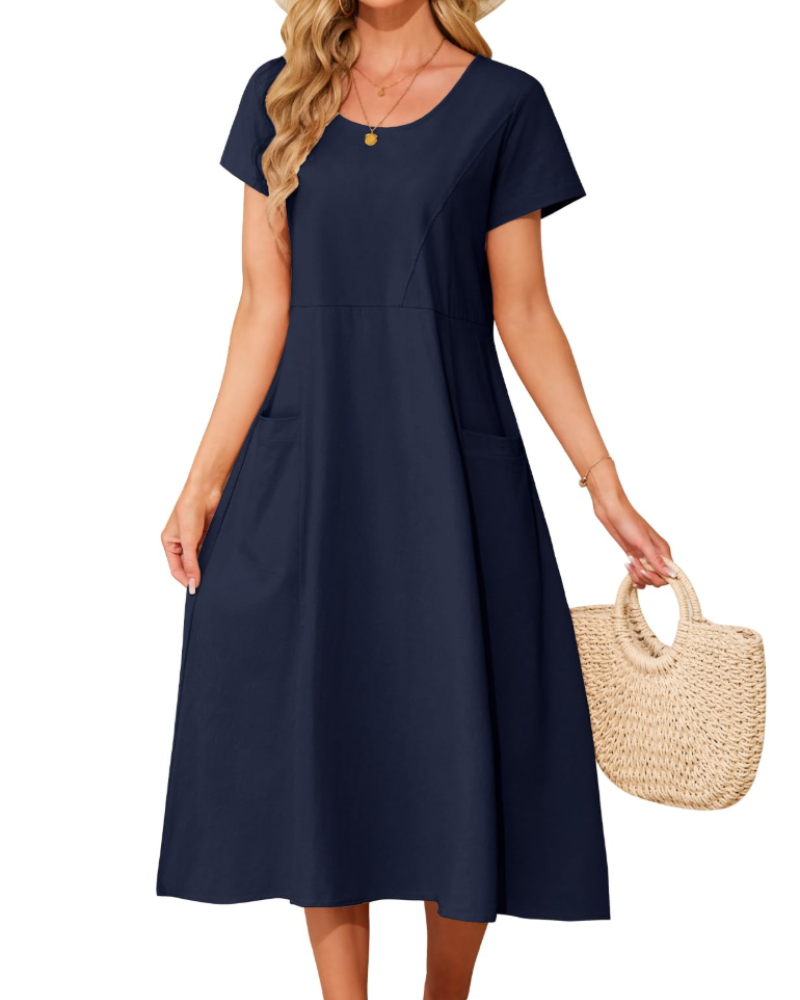 Nora Robe Midi Coton Femme – 100% Coton, Poches et Coupe Ample
