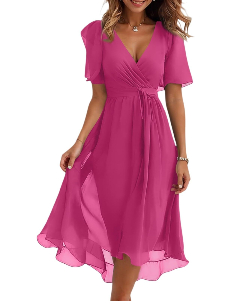 Robe Midi Florale Florence pour Femme – Col Croisé, Ceinture et Manches Bouffantes
