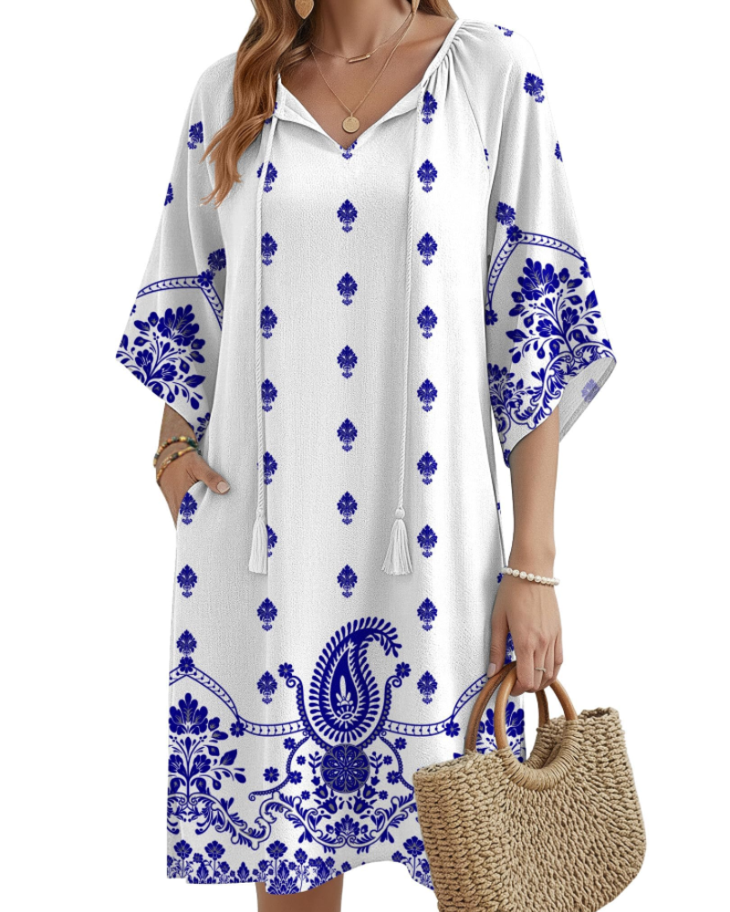 Cecilia Vestito Tunica Boho Donna – Collo a V, Nappe, Tasche e Manica Media