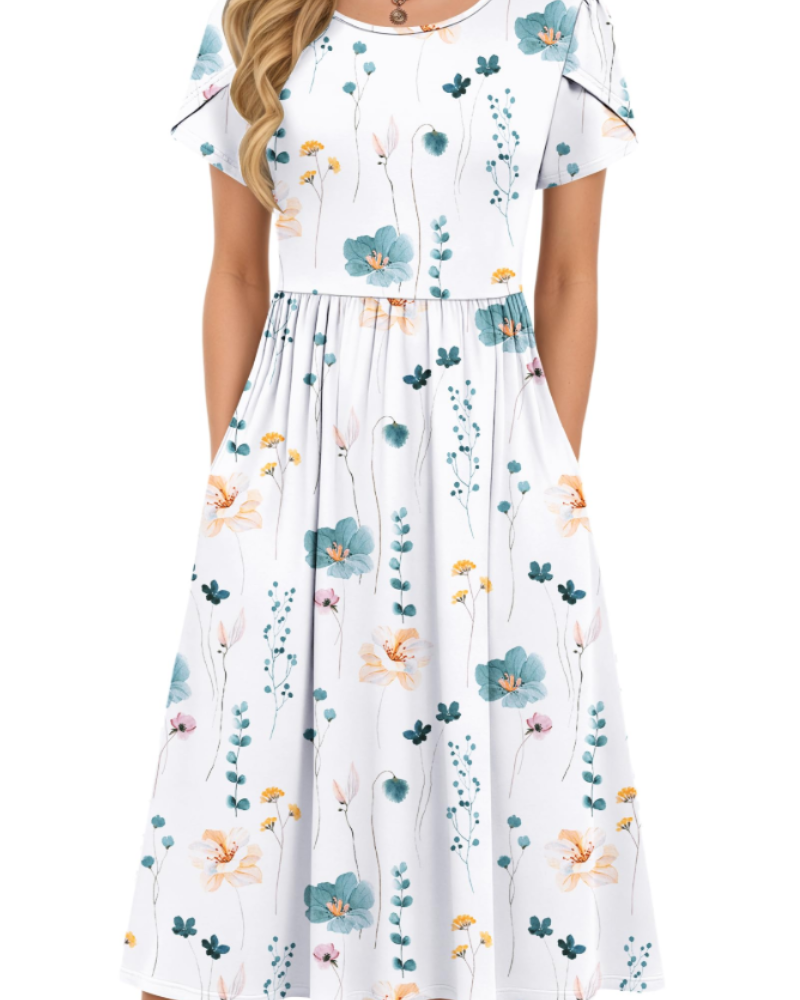 Robe Midi d'Été pour Femme Isabelle – Taille Élastique, Manches Pétales et Poches