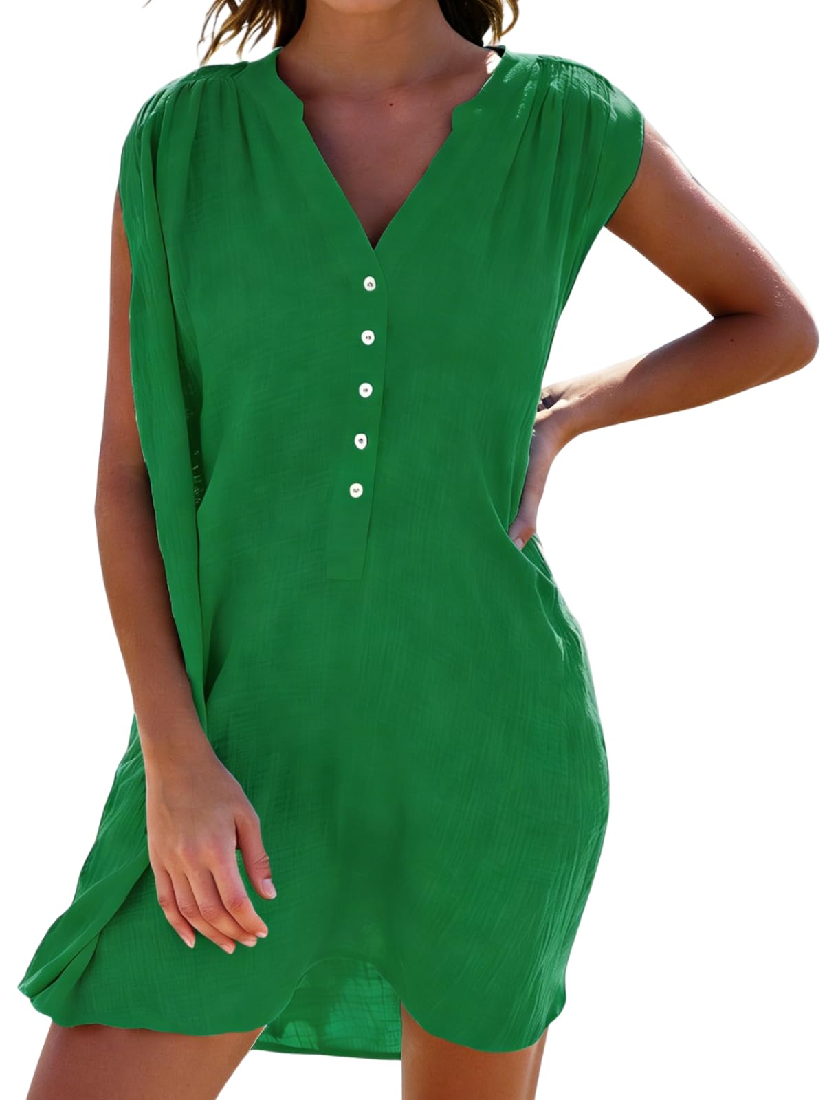 Freya Vestido Camisero Playa Mujer – Sin Mangas, Cuello en V, Botones y Tejido Lino