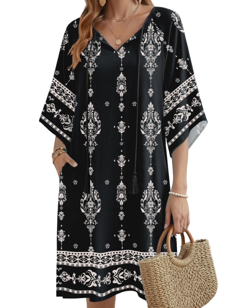 Robe Tunique Bohème Cecilia Femme – Col en V, Pompons, Poches et Manches Mi-longues