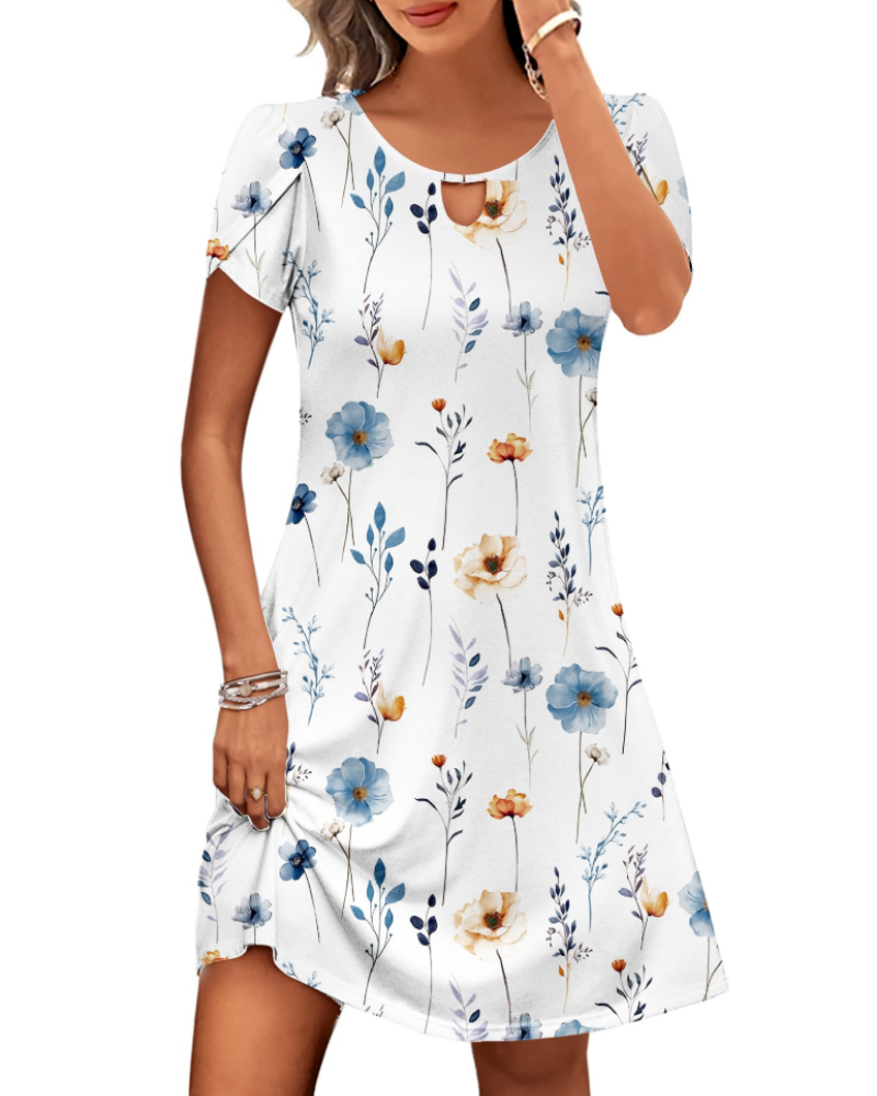 Camille Vestido Midi Floral Mujer – Cuello Redondo, Mangas Abullonadas y Bolsillos
