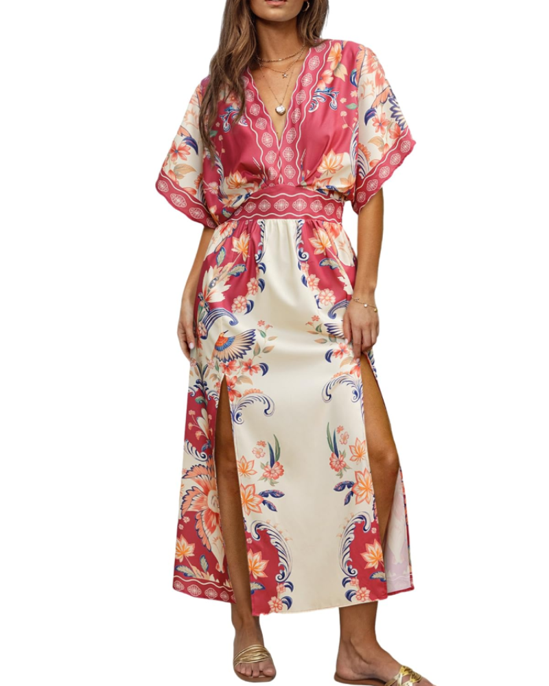 Robe Maxi Boho Juliet pour Femme – Manches Kimono, Col en V, Taille Haute et Fente