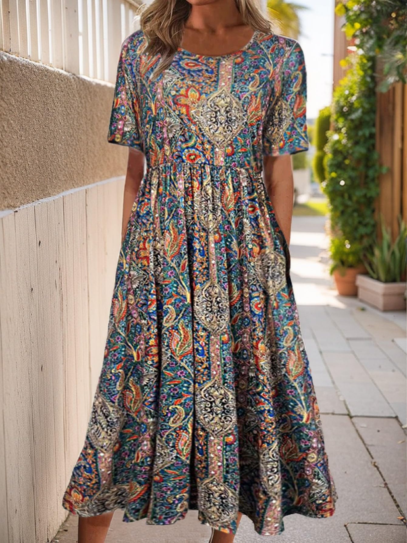 Cecilia Vestido Maxi Mujer – Floral, Manga Corta, Cuello Redondo y Bolsillos