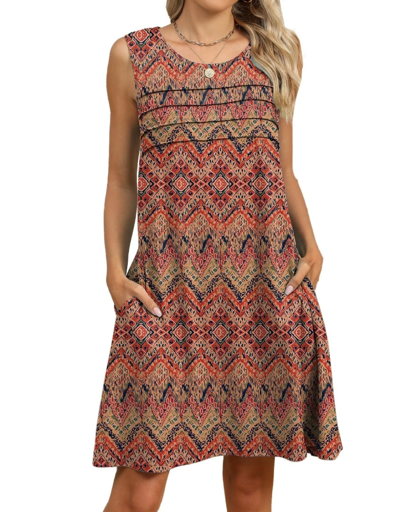 Robe Midi Florale Sloane Femme – Sans Manches, Plis, Poches et Coupe Ligne A