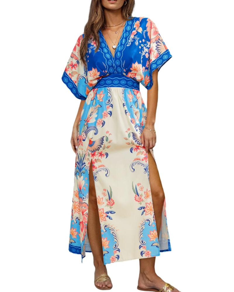 Robe Maxi Boho Juliet pour Femme – Manches Kimono, Col en V, Taille Haute et Fente