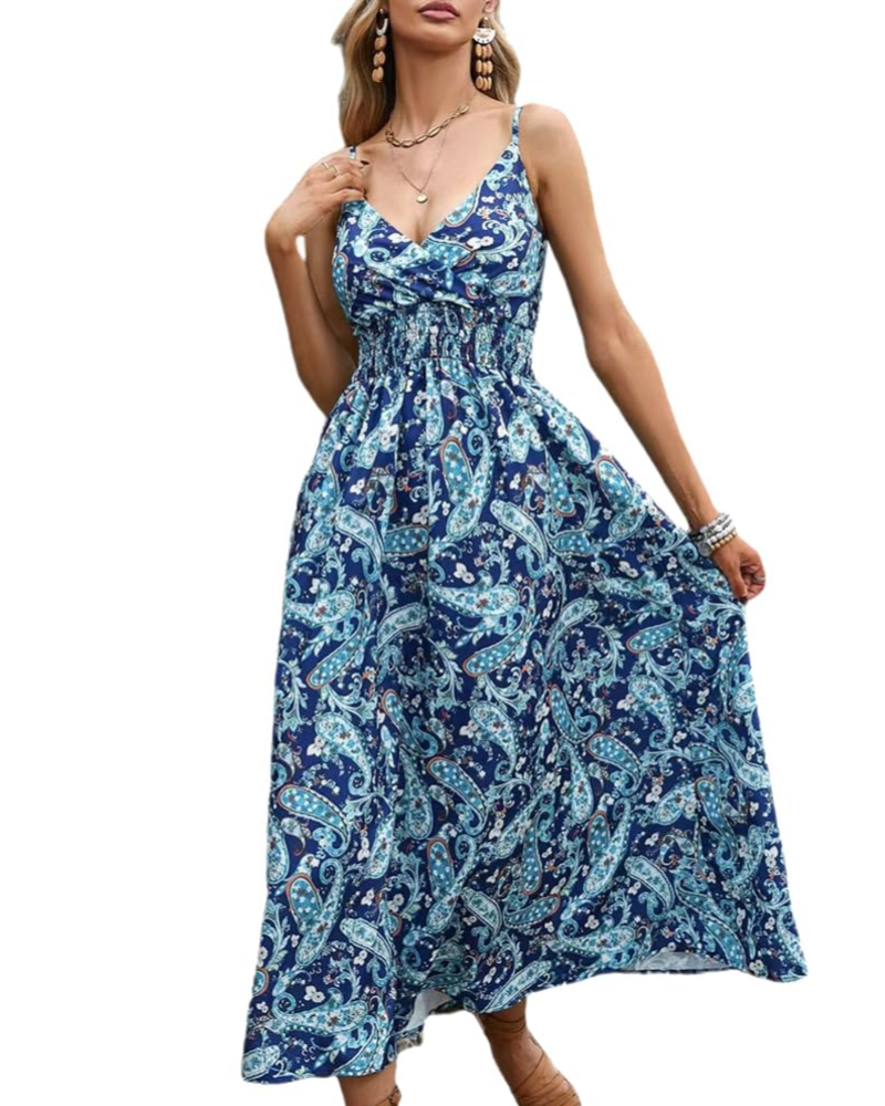 Piper Abito Maxi Floreale Donna – Scollo a V, Spalline Sottili e Vita Alta