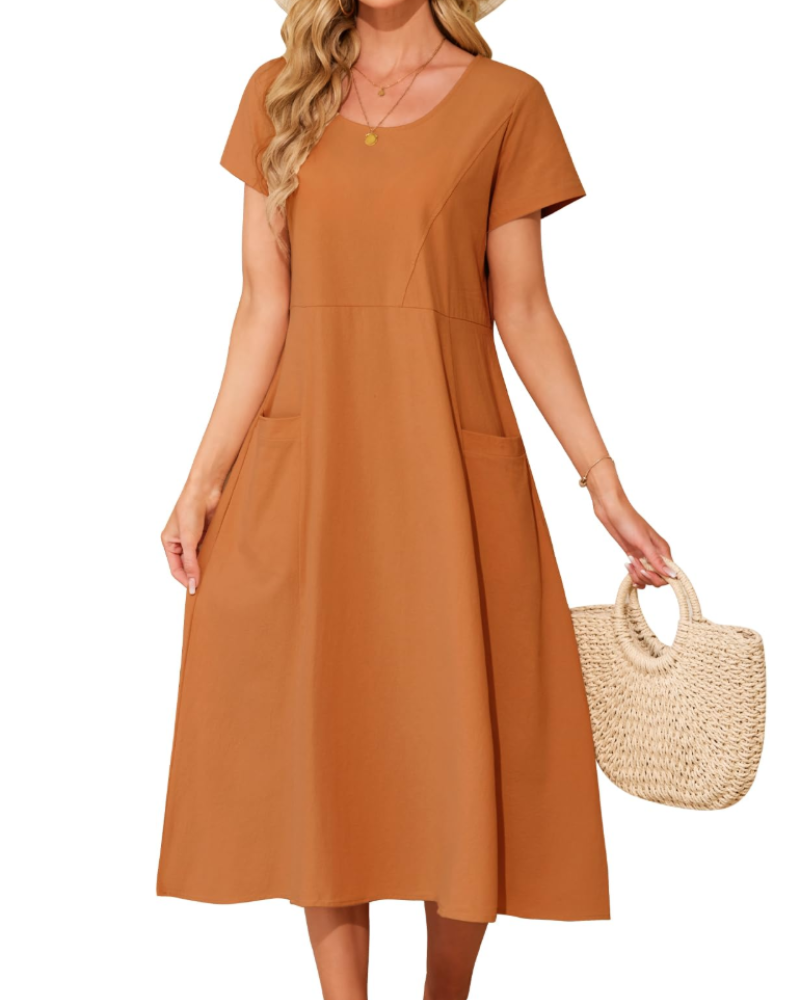Nora Vestito Midi Cotone Donna – 100% Cotone, Tasche e Taglio Largo