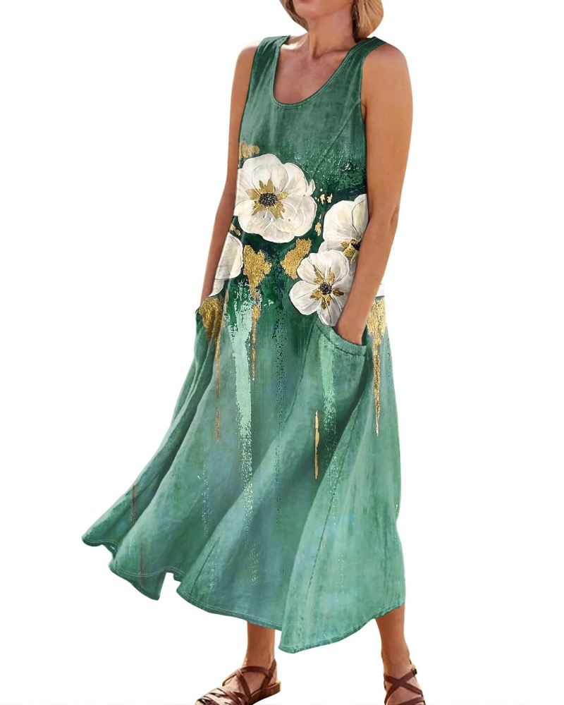 Hazel Vestido Maxi Boho Mujer – Cuello en V, Bolsillos y Manga Corta
