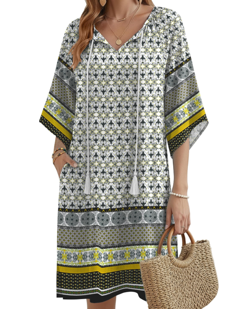 Robe Tunique Bohème Cecilia Femme – Col en V, Pompons, Poches et Manches Mi-longues