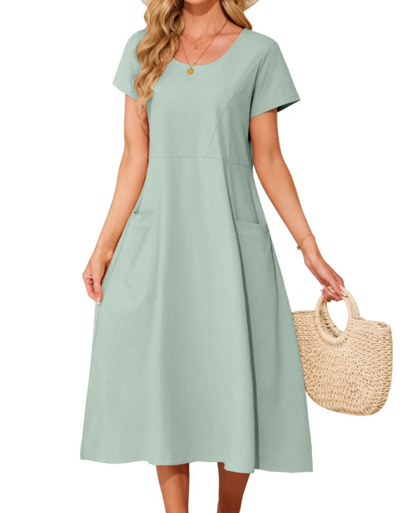 Nora Robe Midi Coton Femme – 100% Coton, Poches et Coupe Ample