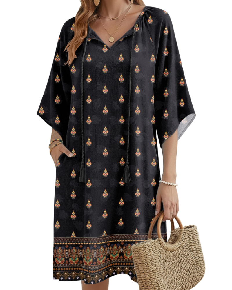 Robe Tunique Bohème Cecilia Femme – Col en V, Pompons, Poches et Manches Mi-longues
