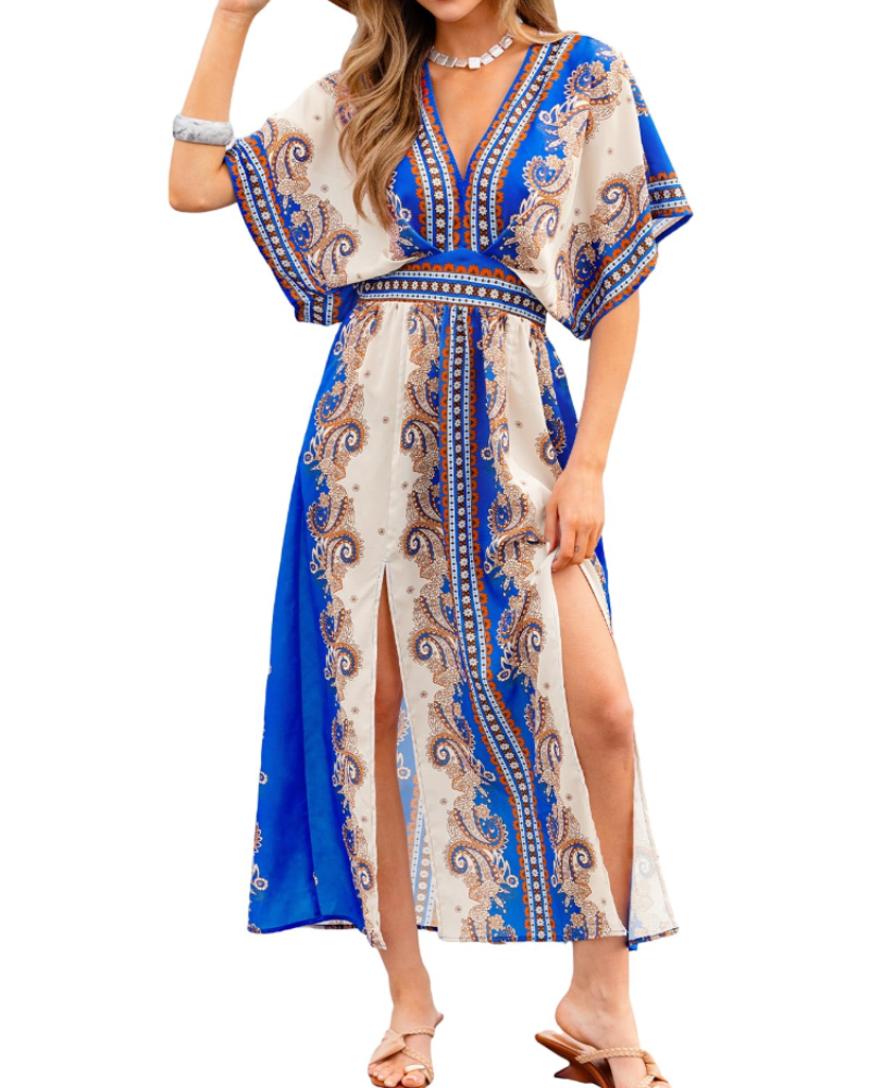 Robe Maxi Boho Juliet pour Femme – Manches Kimono, Col en V, Taille Haute et Fente