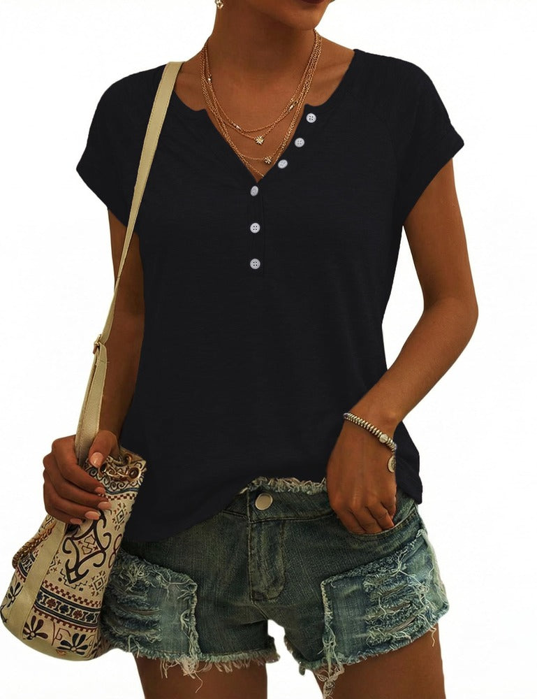Emma T-shirt Femme Été – Col en V, Boutons et Manches Courtes Douces