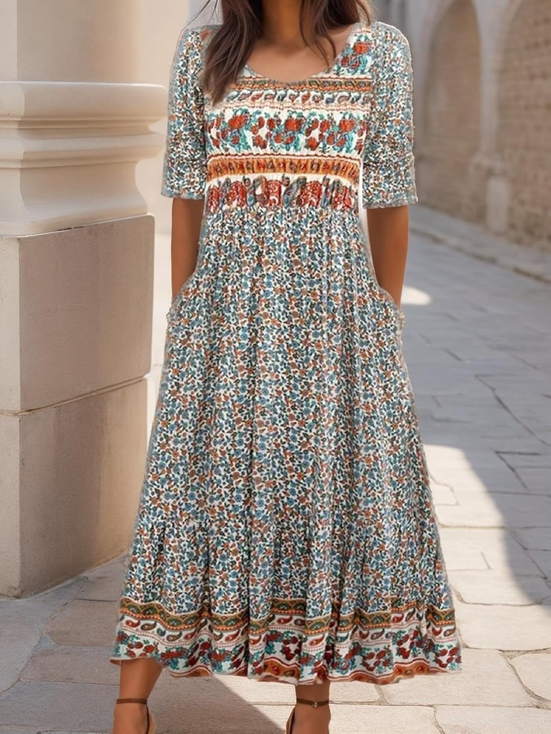 Cecilia Vestido Maxi Mujer – Floral, Manga Corta, Cuello Redondo y Bolsillos