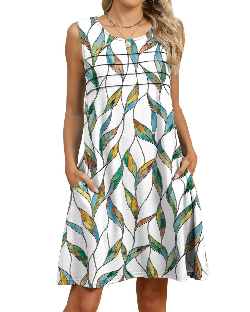 Robe Midi Florale Sloane Femme – Sans Manches, Plis, Poches et Coupe Ligne A