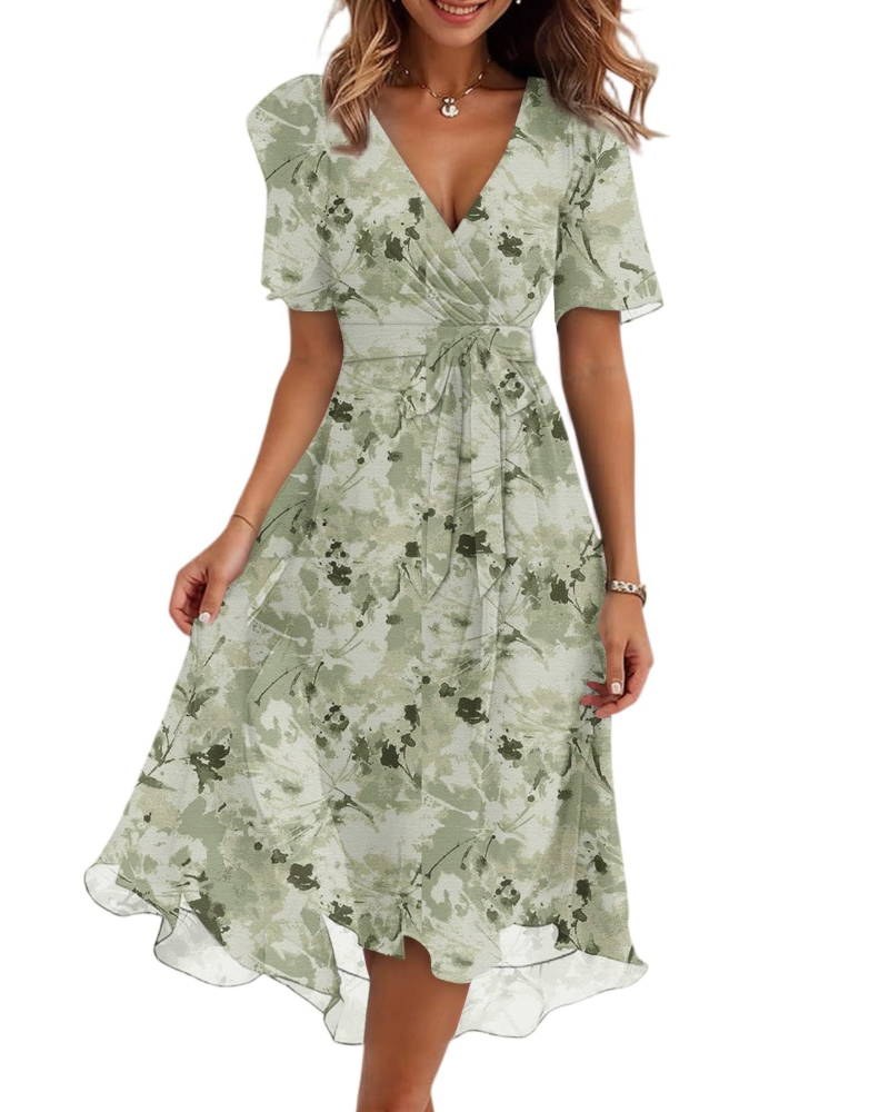 Robe Midi Florale Florence pour Femme – Col Croisé, Ceinture et Manches Bouffantes